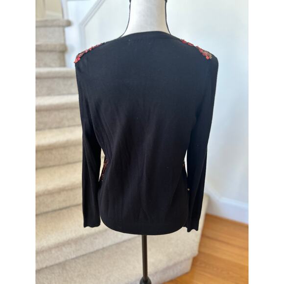 Charter Club Black Red & Gold Sequin Floral Button Down Long Sleeve Cardigan - Picture 6 of 7